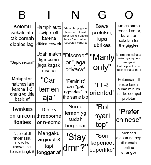 Masyarakat homok indon on tinder Bingo Card