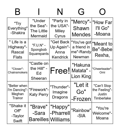 Song Bingo Card