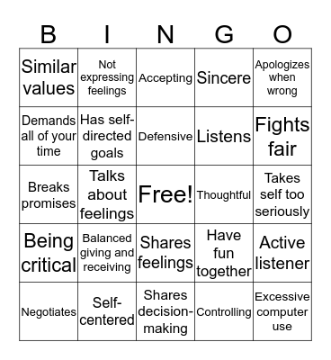 Healthy vs Unhealthy Relationships Bingo Card