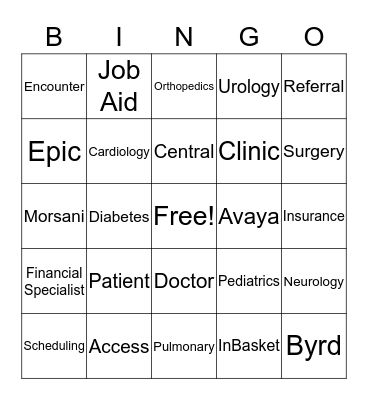 Patient Access Bingo Card