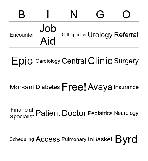 Patient Access Bingo Card