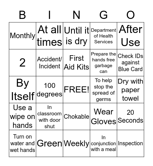 Hand Washing, Diapering, Health & Safety Bingo Card