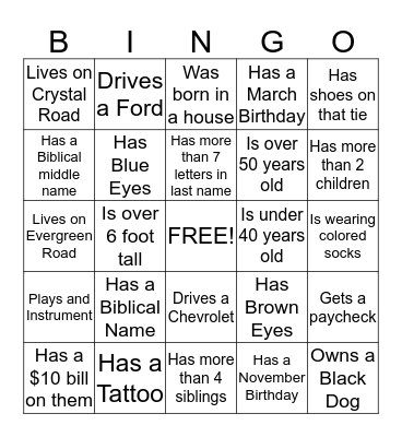 Neighborhood Search Bingo Game Bingo Card