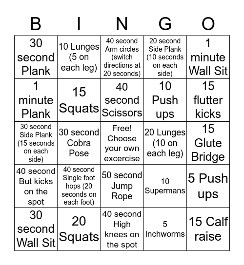FITNESS BINGO  Bingo Card