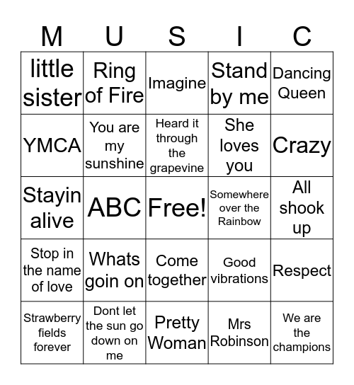 Music Bingo007 Bingo Card