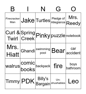 School Daze Bingo Card