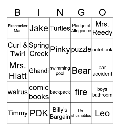 School Daze Bingo Card