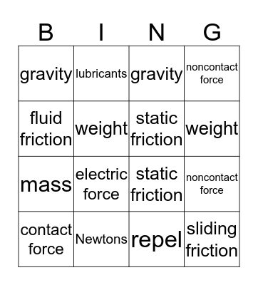 Physics Vocabulary Bingo Card