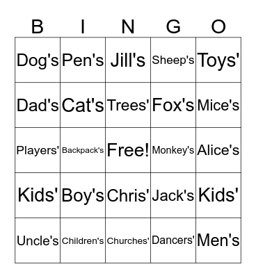 Possessives Bingo Card