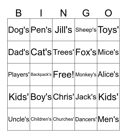 Possessives Bingo Card