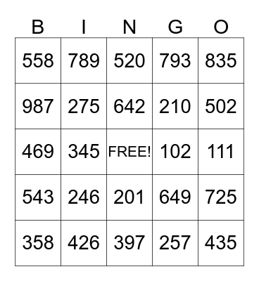 Place Value Bingo Card