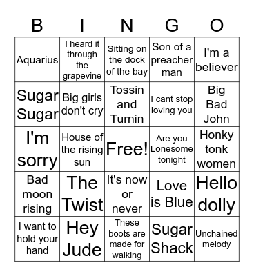 60's hits Bingo Card