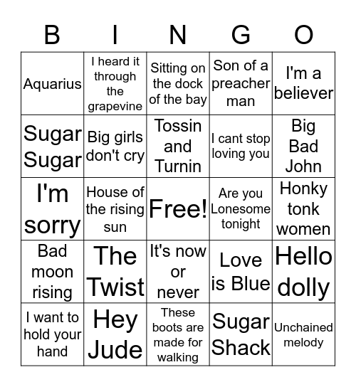 60's hits Bingo Card