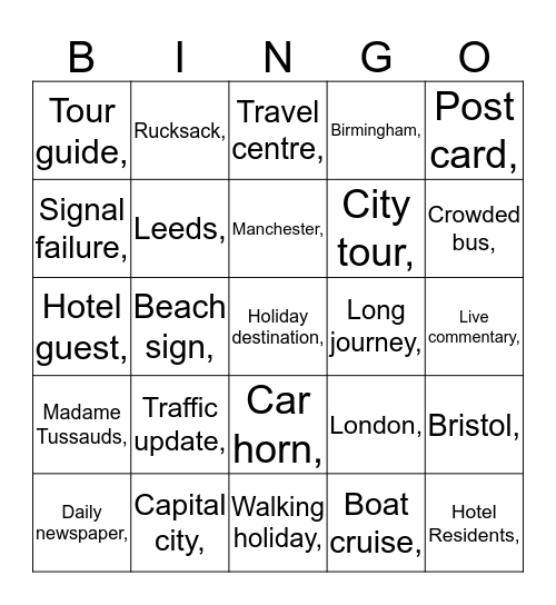 Travel and Transport Bingo Card