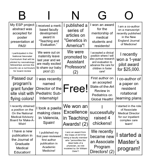 ESP Scholars Accomplishments Bingo Card