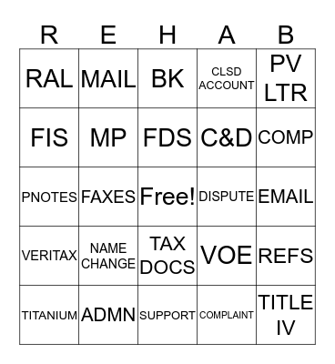 REHAB BINGO Card