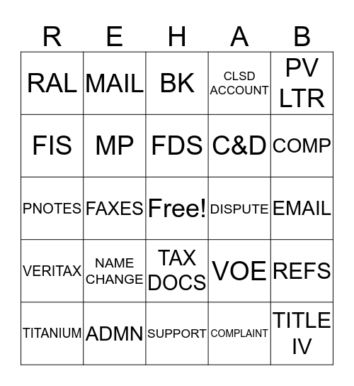 REHAB BINGO Card