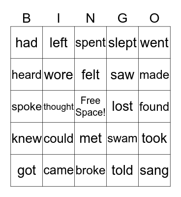 Irregular Verbs Bingo Card