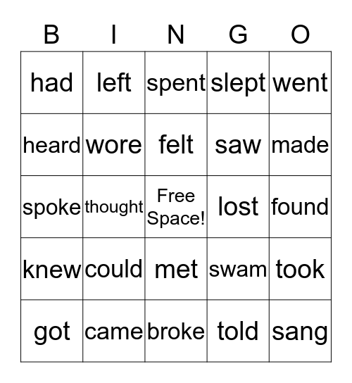 Irregular Verbs Bingo Card