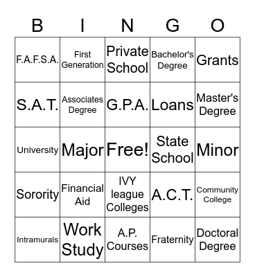 College  Bingo Card