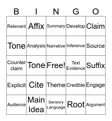 Vocabulary Bingo Card