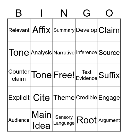 Vocabulary Bingo Card