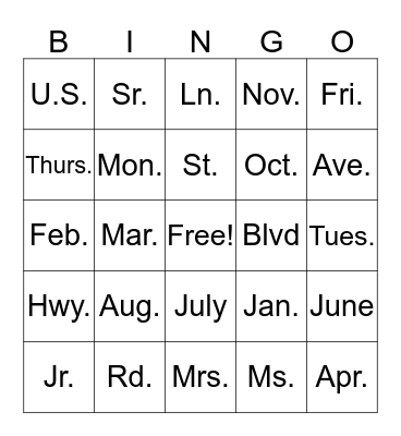 ABBREVIATIONS Bingo Card