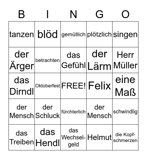 Kapitel 8 Vokabeln Bingo Card