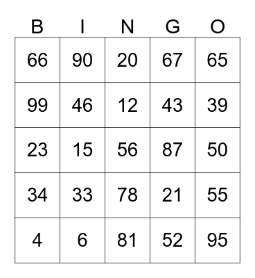 Number chinese Bingo Card