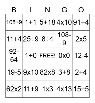 Maths Bingo Card