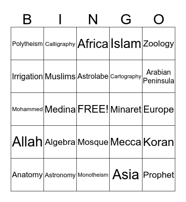 Muslim Culture Bingo Card