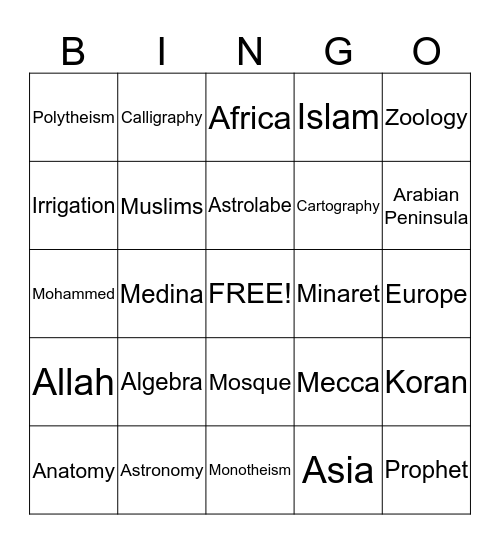 Muslim Culture Bingo Card