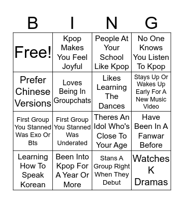 Kpop Stan Bingo Card