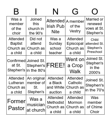 St. Stephen's 50th Anniversary Bingo Card