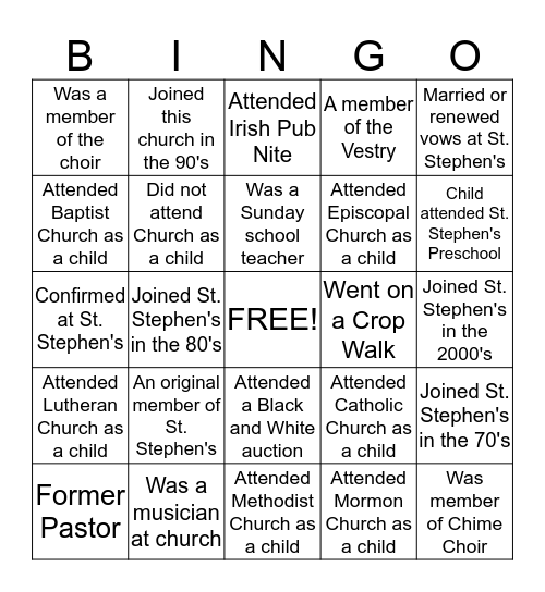 St. Stephen's 50th Anniversary Bingo Card
