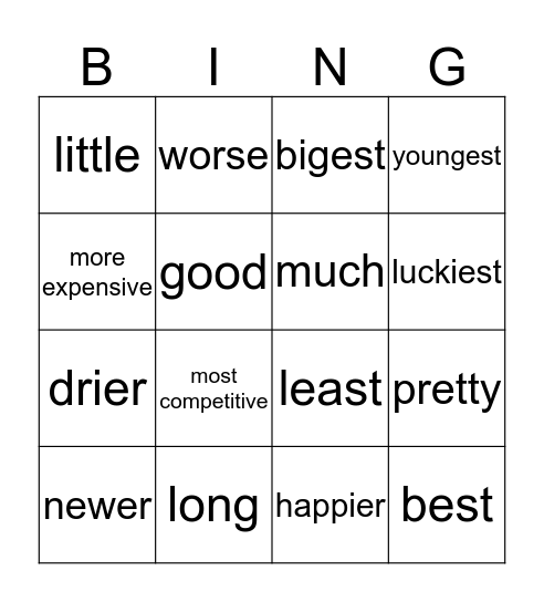 Comparison of Adjectives Bingo Card