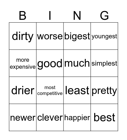 Comparison of Adjectives Bingo Card