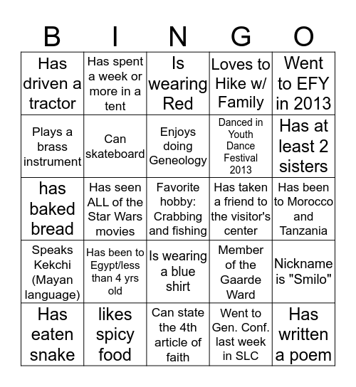 Gaarde Ward "Get-to-Know-You" BINGO! Bingo Card