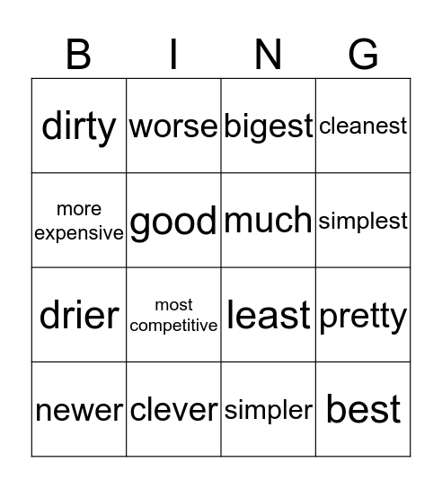 Comparison of Adjectives Bingo Card