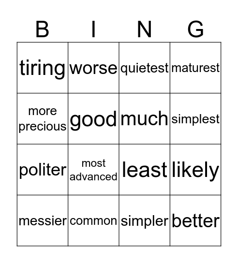 Comparison of Adjectives Bingo Card