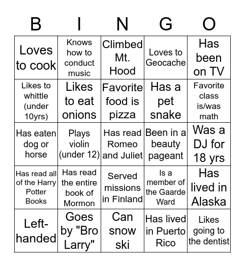 Gaarde Ward "Get-to-Know-You" BINGO! Bingo Card
