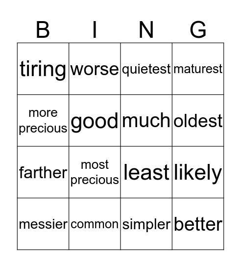 Comparison of Adjectives Bingo Card