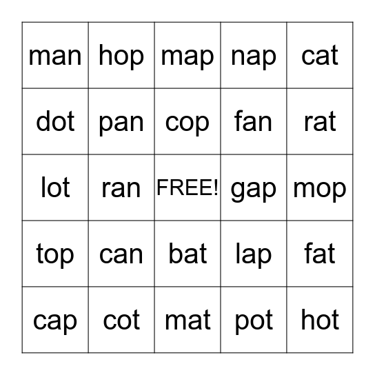 Word Family Bingo Card