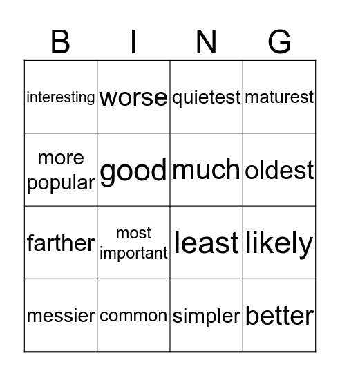 Comparison of Adjectives Bingo Card