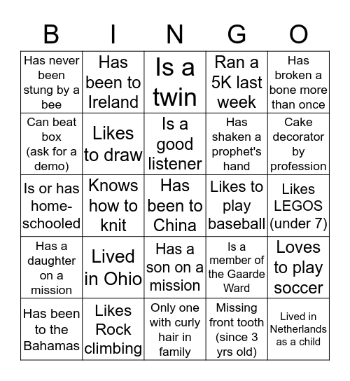 Gaarde Ward "Get-to-Know-You" BINGO! Bingo Card