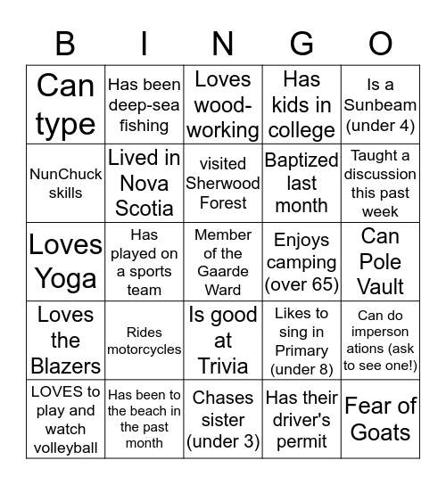 Gaarde Ward "Get-to-Know-You" BINGO! Bingo Card