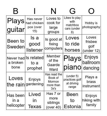 Gaarde Ward "Get-to-Know-You" BINGO! Bingo Card