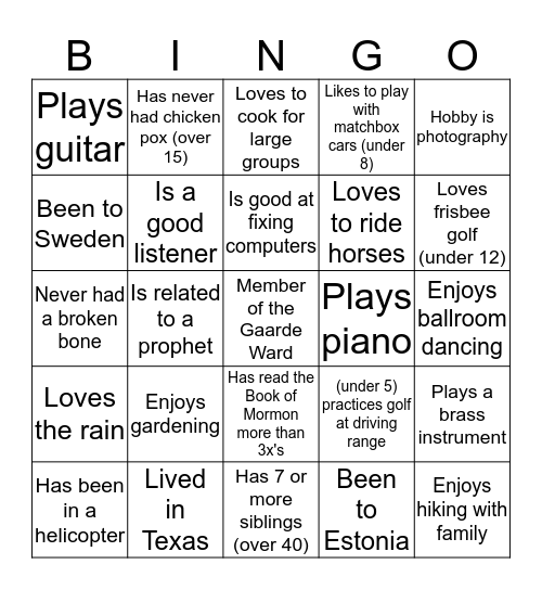 Gaarde Ward "Get-to-Know-You" BINGO! Bingo Card