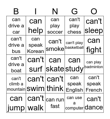 Can & Can't Bingo Card