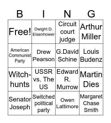 McCarthyism Bingo Card